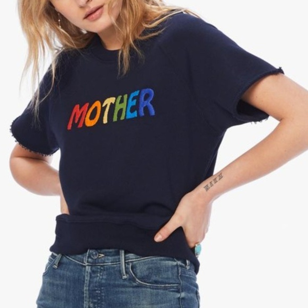 Mother The Raw Sleeve Square Sweatshirt Top *Goes South* Navy Rainbow Sz S - Picture 2 of 14